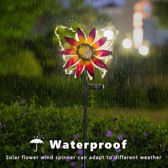 Solar Wind Spinners Outdoor,Butterfly Garden Windmill Metal Flower Wind Sculptures for Yard Art Lawn Decor(Red)
