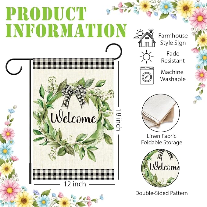 Welcome Spring Summer Garden Flags, Eucalyptus Wreath Outdoor Flags for Garden, Spring Summer Flowers Buffalo Plaid Farmhouse Yard Lawn Porch Flag for Outside Decor 12x18 Inch Double Sided