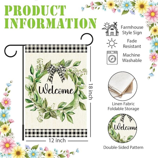 Welcome Spring Summer Garden Flags, Eucalyptus Wreath Outdoor Flags for Garden, Spring Summer Flowers Buffalo Plaid Farmhouse Yard Lawn Porch Flag for Outside Decor 12x18 Inch Double Sided