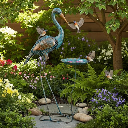 Metal Crane Garden Statue for Outside, Large Heron Outdoor Statues with Leaf Tray, Elegant Crane Yard Art Garden Decor for Garden Yard, Porch