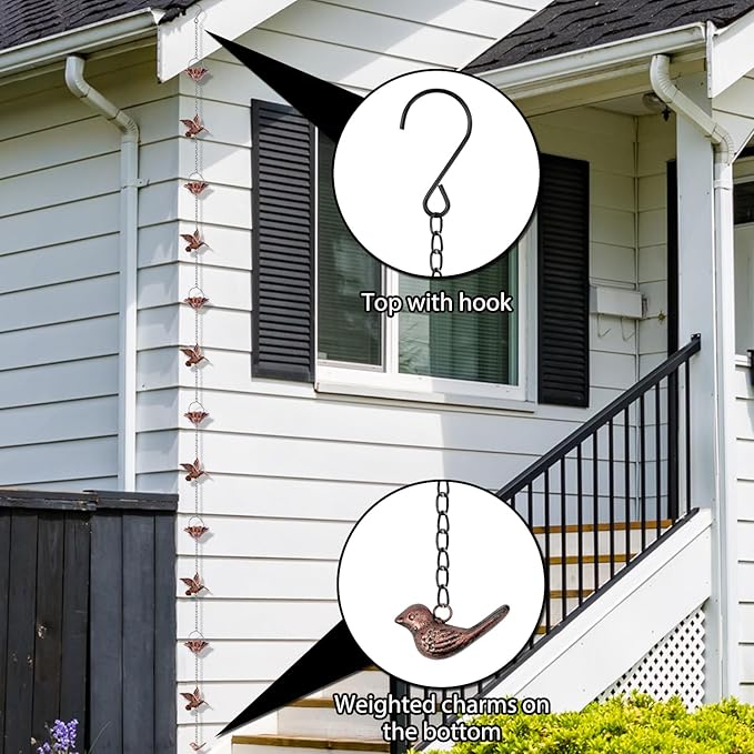 8.5Ft Copper Rain Chains for Gutters, Lotus Rain Catcher Chain for Gutters Outside with Adapter, Hummingbird and Cup Rain Chains for Gutters, Metal Rainwater Catcher Chain
