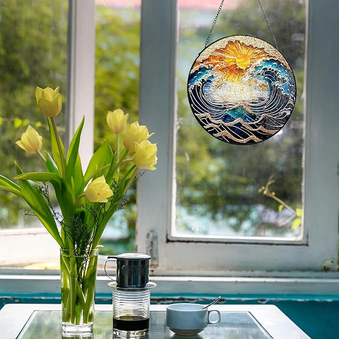 Waves Stained Glass Window Hanging, 7.8" Hand-Painted Sun Catcher Glass Panel Wall Art Decor with Chain, Waves Gifts for Women Mom Grandma, Outdoor Indoor Art Decor for Home Garden