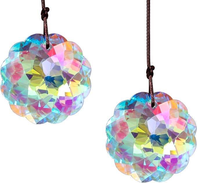 HDCRYSTALGIFTS Set 2 Crystal Suncatcher Datura Shaped Prisms Sun Catcher Indoor Window Rainbow Feng Shui Hanging Prism Glass Ornaments for Home Garden Tree (45mm)