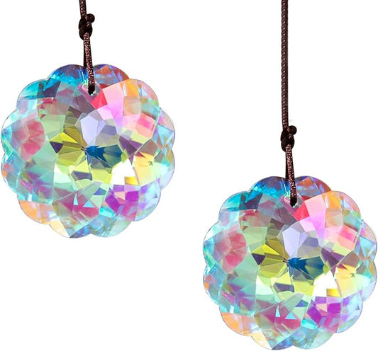 HDCRYSTALGIFTS Set 2 Crystal Suncatcher Datura Shaped Prisms Sun Catcher Indoor Window Rainbow Feng Shui Hanging Prism Glass Ornaments for Home Garden Tree (45mm)