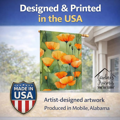 Caroline's Treasures California California Poppies in Watercolor House Flag Large Porch Sleeve Pole Decorative Outside Yard Banner Artwork Wall Hanging, Polyester, House Size, Multicolor
