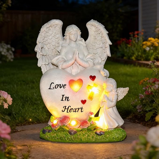 VEEKI Solar Angel Garden Statue Outdoor, Praying Angel Statues Solar Figurine Lights Outdoor Waterproof, Resin Angel Sculpture for Garden Yard Lawn Grave Cemetery Decor, Gift for Mom Grandma Women