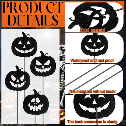 Chunful 4 Pcs Halloween Decorative Garden Stakes Jack O Pumpkin Garden Stakes for Flower Planter Pot Outdoor Metal Yard Sign Day of The Dead Decorations Halloween Patio Lawn Decor