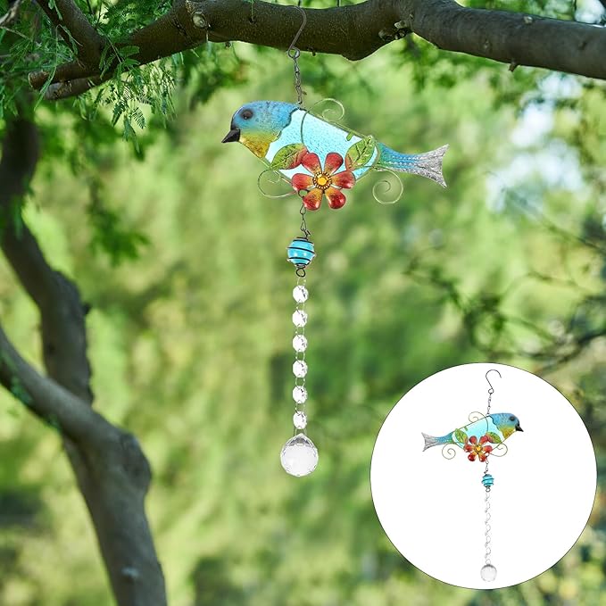 SHINEOFI Painted Songbird Glass and Iron Garden Hanging Ornament Outdoor Decorative Statue for Patio Window Sun Catcher with Crystal Accents Compact Garden Supplies Decor