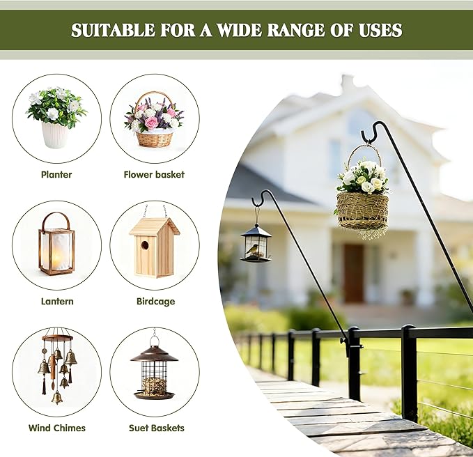 MIXXIDEA Extended Fence Deck Hook Rail Heavy Duty Bird Feeder Hook, Adjustable Plant Bracket for Bird Feeders, Planters, Suet Baskets, Lanterns, Wind Chimes and More