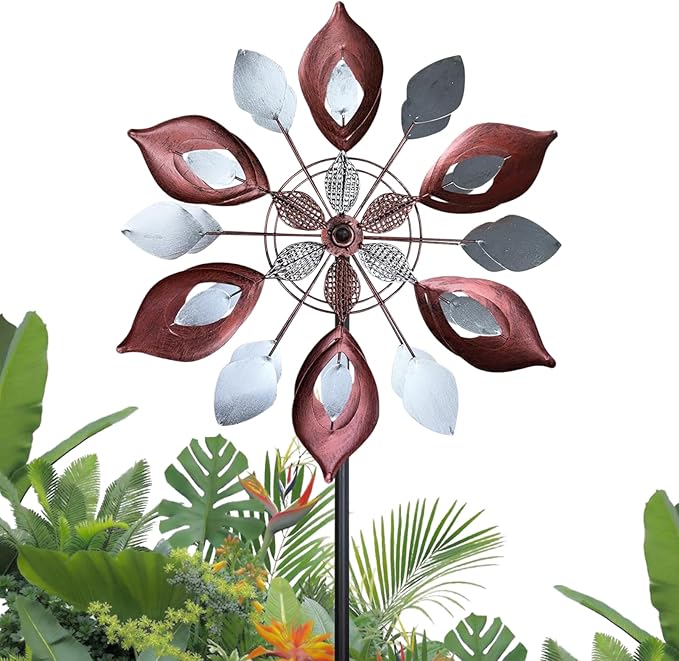 GUAGUA Classical Metal Wind Spinner Outdoor, 360 Degrees Swivel Wind Spinners for Yard and Garden, 74 in Wind Sculptures Willow Leaves Patio Decor (Red)