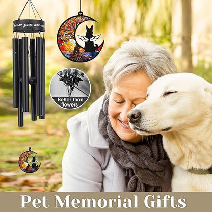 35" Pet Memorial Wind Chime, Pet Sympathy Gift for Loss of Dog, Dog Memorial Wind Chime with Stained Moon, Hand Tuned Aluminum Wind Chimes for Outdoor Garden Porch Remembrance Decor, Black