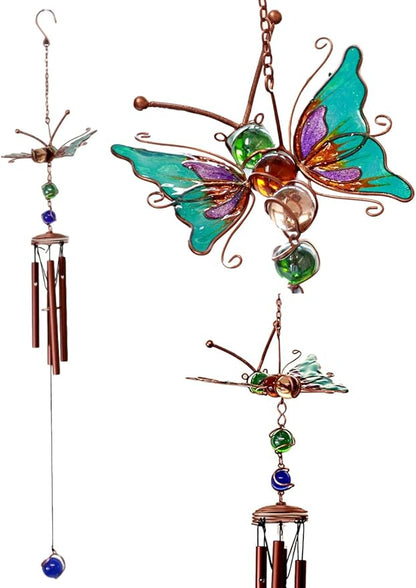 Atlantic Collectibles Stained Glass Flitting Butterfly Copper Metal Wind Chime 28" Long Resonant Outdoor Patio Garden Decor Accessory