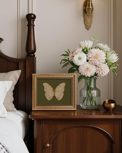 ARPEOTCY Vintage Gold Framed Wall Art, Classical White Butterfly Paintings, 8x10 inch Small Moody Green Canvas Prints with Antique Picture Frame, Victorian Wall Decor for Gallery Living Room Shelf