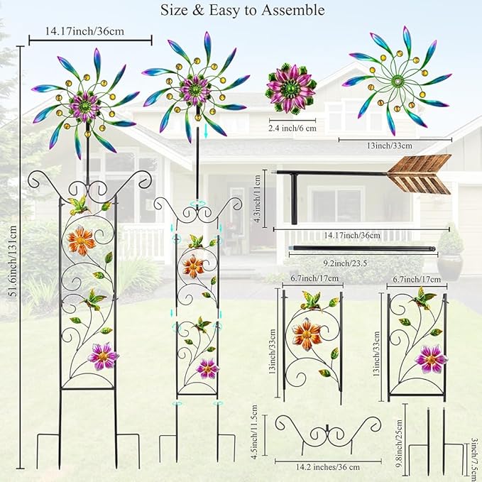 DREAMYSOUL Wind Spinner Outdoor, Wind Sculpture & Weathervane with Decorative Trellis for Climbing Plants, Kinetic Wind Spinners for Yard and Garden