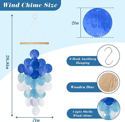 Wind Chimes for Outside, Handcrafted Blue Gradient Capiz Shells Windchime Coastal Style Decor for Indoor/Outdoors, Garden Decors, Great Gift for Women, Beach Hanging Decor, Wind Chimes Lovers