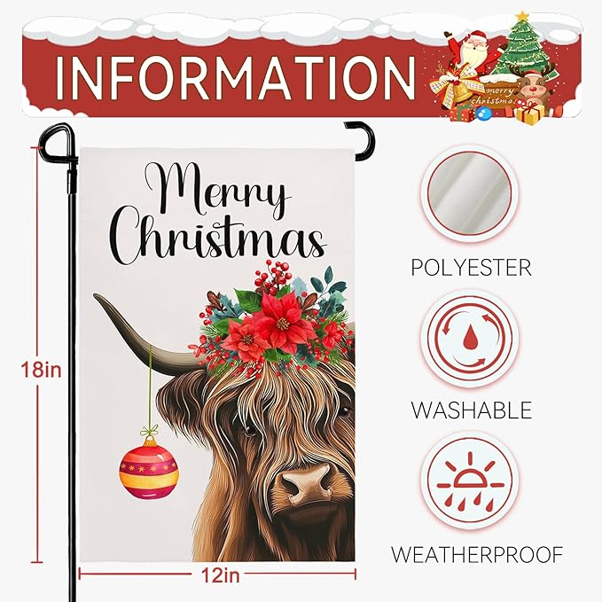 Merry Christmas Garden Flag Highland Cow with Santa Ball Premium Yard Flags Red Holly Flowers Double Sided House Banners Xmas Cows Seasonal Happy Holiday Farmhouse Banner 12x18 Inch