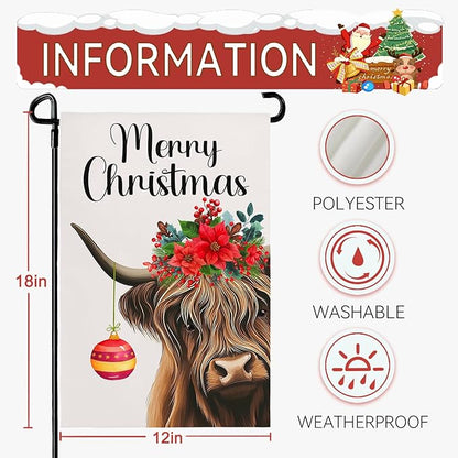 Merry Christmas Garden Flag Highland Cow with Santa Ball Premium Yard Flags Red Holly Flowers Double Sided House Banners Xmas Cows Seasonal Happy Holiday Farmhouse Banner 12x18 Inch