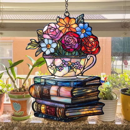 Floral Tea Cups Acrylic Suncatcher Stained Glass Effect Window Car Hanging Christmas Ornament Indoor Outdoor Decor Garden Sun Catcher Panel for Boba Tea Lover for Women Mom Grandma