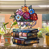Floral Tea Cups Acrylic Suncatcher Stained Glass Effect Window Car Hanging Christmas Ornament Indoor Outdoor Decor Garden Sun Catcher Panel for Boba Tea Lover for Women Mom Grandma