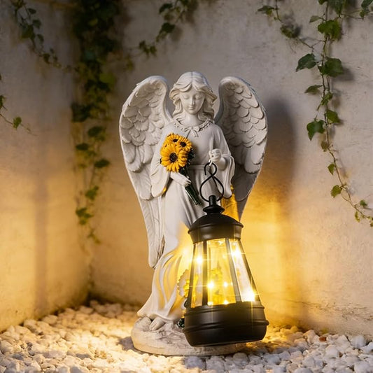 Sympathy Gifts for Loss of Loved One- 8.8" Resin Angel Figurines Holding Sunflowers Waterproof Angel Decor Cemetery Decorations for Grave-Grave Decorations for Cemetery