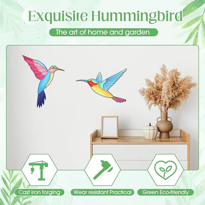 Seenelling 4 Pack Metal Hummingbird Wall Art Decor 3D Colorful Birds Outdoor Fence Decorations for Patio and Yard, Wall Sculpture Hanging Decor for Garden Living Room Balcony, Home Gift