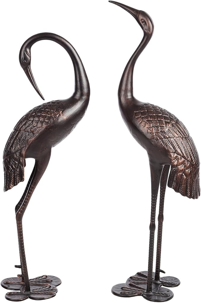 Westcharm Cast Aluminum Cranes for Yard Garden Sculpture Pair Statue - Upright and Preening Standing Crane Heron Couple Sculpture Set, Bronze