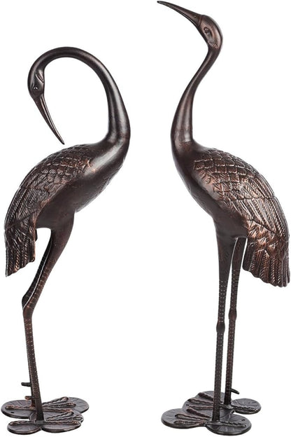 Westcharm Cast Aluminum Cranes for Yard Garden Sculpture Pair Statue - Upright and Preening Standing Crane Heron Couple Sculpture Set, Bronze