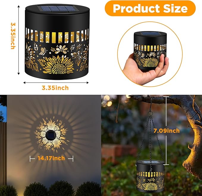 Forlivese 2 Pack Solar Fence Lights Outdoor, Metal Solar Powered Wall Deck Step Lights Sunflower Theme, Hanging LED Waterproof Decorative Lighting for Garden Patio Backyard Post Decor, Gifts for Mom