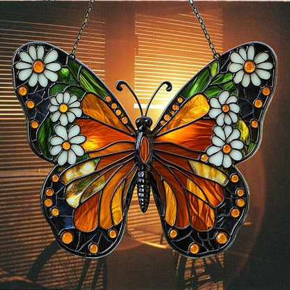 Floral Monarch Acrylic Suncatcher Stained Glass Effect Window Car Hanging Christmas Ornament Indoor Outdoor Decor Garden Sun Catcher Panel for Butterfly Lover for Women Mom Grandma