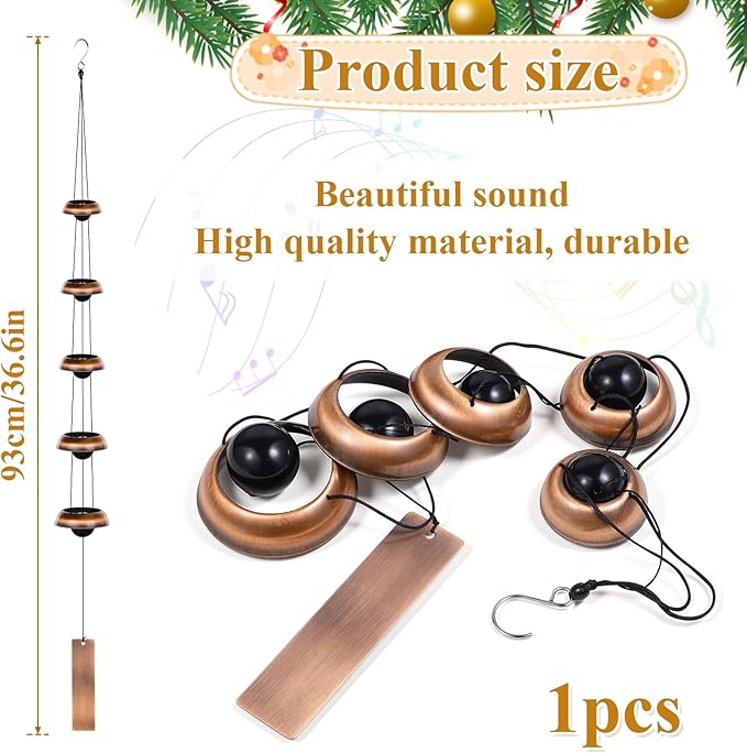 Copper Wind Chimes for Outside, 36'' Temple Windchimes with 5 Red Copper Bells, Feng Shui Wind Chime for Home Yard Outdoor Decoration, Memorial Winds Chime for Home Garden Zen Decor