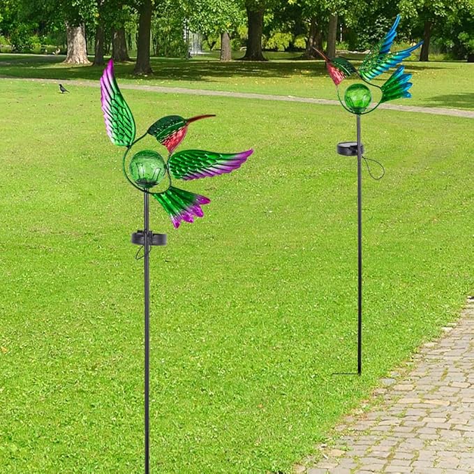 Hummingbird Solar Garden Lights with Stake 2 Pack,Bird Pathway Solar Outdoor Crackle Glass Globe Light for Garden,Walkway,Pathway,Yard,Lawn