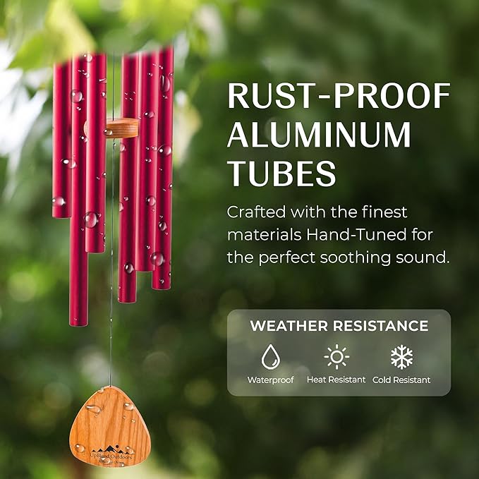 UpBlend XL Wind Chimes for Outside Gift – Deep Tone Wind Chime with Decorative Stone – Garden and Patio Décor for Porch or Yard, Elegant Outdoor Ornament, Meaningful Gift for Neighbors. 41” Red.