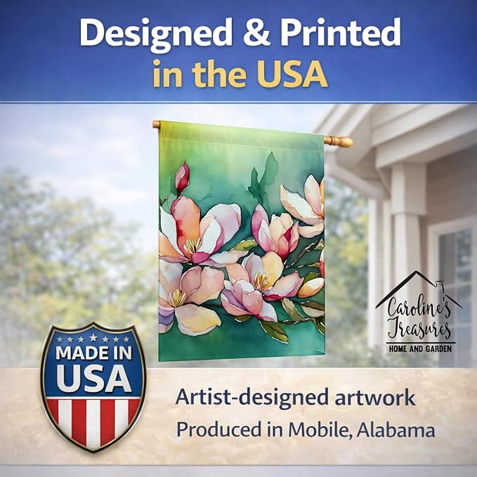 Caroline's Treasures Louisiana Magnolias in Watercolor House Flag Large Porch Sleeve Pole Decorative Outside Yard Banner Artwork Wall Hanging, Polyester, House Size, Multicolor