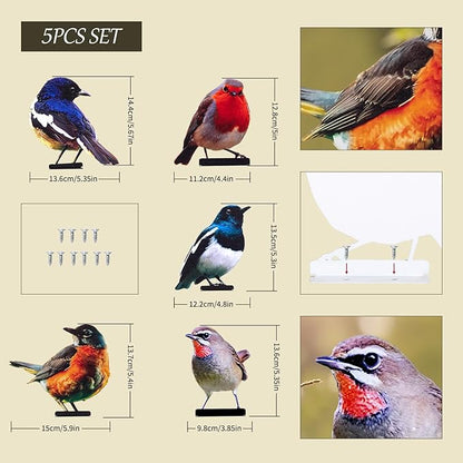 HUYIENO 5PCS Vivid Metal Birds Fence Decor 2D Color Painted Outdoor Garden Natural Bird Sculptures for Outdoor Fences, Patio, Garden and Bird Lovers