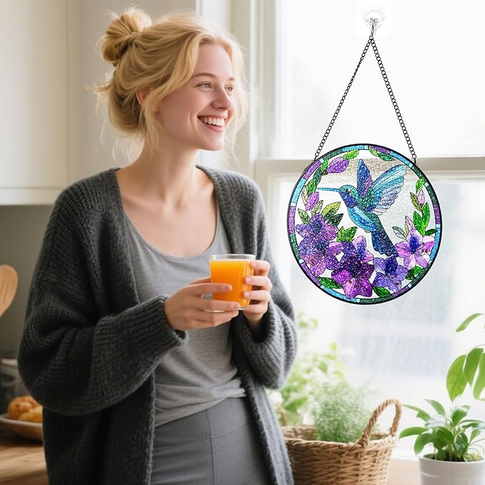 Stained Glass Suncatchers Window Hanging, Hummingbird Sun Catchers Indoor Window Stained Glass Hanging Garden Decor, Birthday Gift for Mom Grandma Aunt Sister Bestie 6.3 in