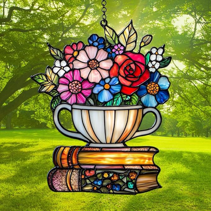 Floral Tea Cup and Books Acrylic Suncatcher Stained Glass Effect Window Car Hanging Christmas Ornament Indoor Outdoor Decor Garden Sun Catcher Panel for Book Lover for Women Mom Grandma