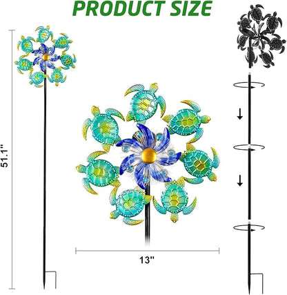 Solar Wind Spinners Outdoor - 51" Sea Turtle Metal Wind Sculptures Garden Stake with Waterproof Color Changing LED Lights 360° Windmill Kinetic Spinner for Yard Lawn Patio Decor