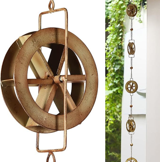 5-7/10-Feet Gutter Rain Chain,Water Wheel Rain Catcher Chain Outdoor Garden Decorative Art