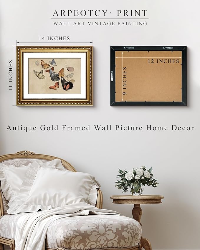 ARPEOTCY Vintage Gold Framed Wall Art, Classical Flying Butterflies Paintings, Aesthetic Canvas Prints Artwork with Frame, Victorian Wall Decor for Living Room Bathroom Bedroom 11x14 inch