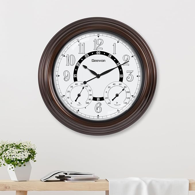 Geevon Illuminated Outdoor Clocks Waterproof with Temperature & Humidity, 18 Inch Large Lighted Wall Clock for Patio, Pool & Garden, Retro Metal Bronze Frame