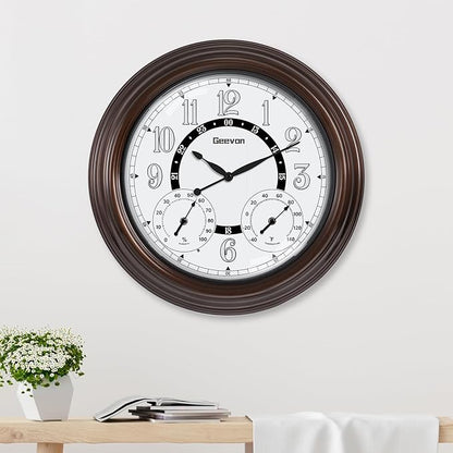 Geevon Illuminated Outdoor Clocks Waterproof with Temperature & Humidity, 18 Inch Large Lighted Wall Clock for Patio, Pool & Garden, Retro Metal Bronze Frame