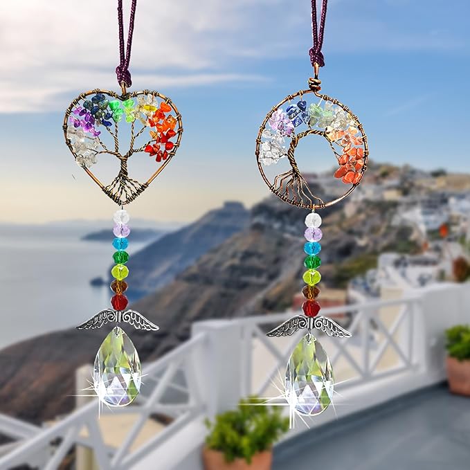 Healing Crystal Decor Tree of Life Car Hanging Accessories Suncatcher with Wings 7 Chakras Window Wall Hanging Decor Meditation Ornaments Home Decoration (Heart+Round)