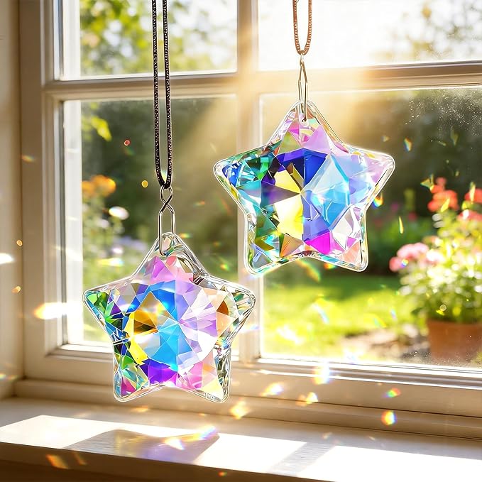 H&D HYALINE & DORA 2 Pack Crystal Sun Catcher Star Prisms 2" AB Colored Hanging Crystals for Window Rainbow Maker Glass Prisms Suncatchers for Home Garden Christmas Decor