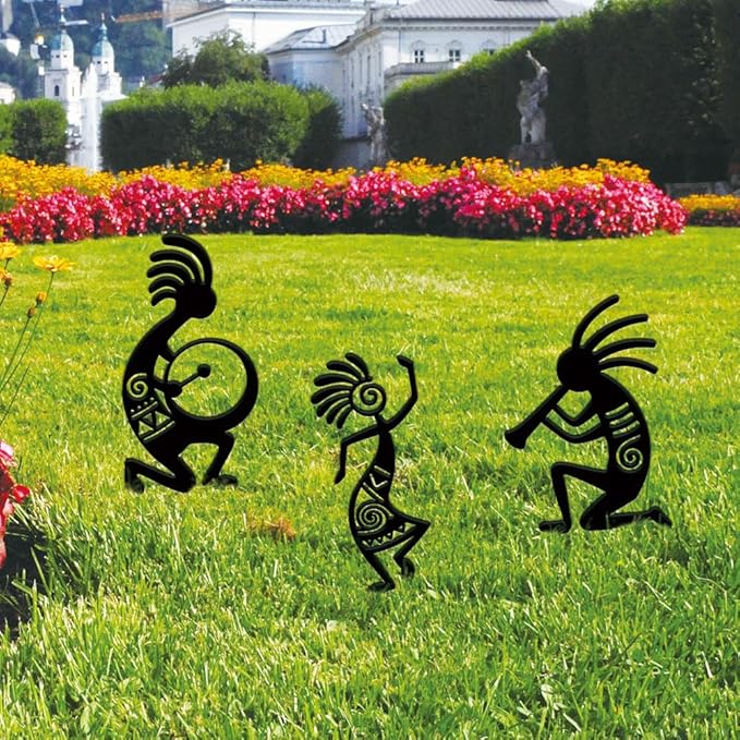 SUPERDANT 3PCS Kokopelli Metal Garden Yard Art Decor Black Silhouette Outdoor Iron Art Decoration Garden Stakes Statues Ornament Crafts for Backyard Parks Lawns Outdoor Spaces