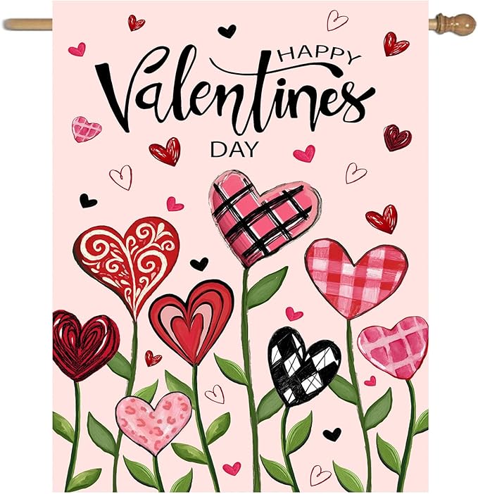 Happy Valentines Day House Flag 28 x 40 Double Sided Love Heart Floral Garden Decorations Spring Holiday Anniversary Yard Banner 12x18 Inch Double Sided for Outside
