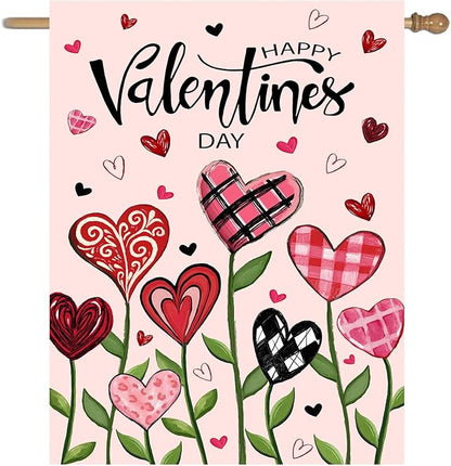 Happy Valentines Day House Flag 28 x 40 Double Sided Love Heart Floral Garden Decorations Spring Holiday Anniversary Yard Banner 12x18 Inch Double Sided for Outside
