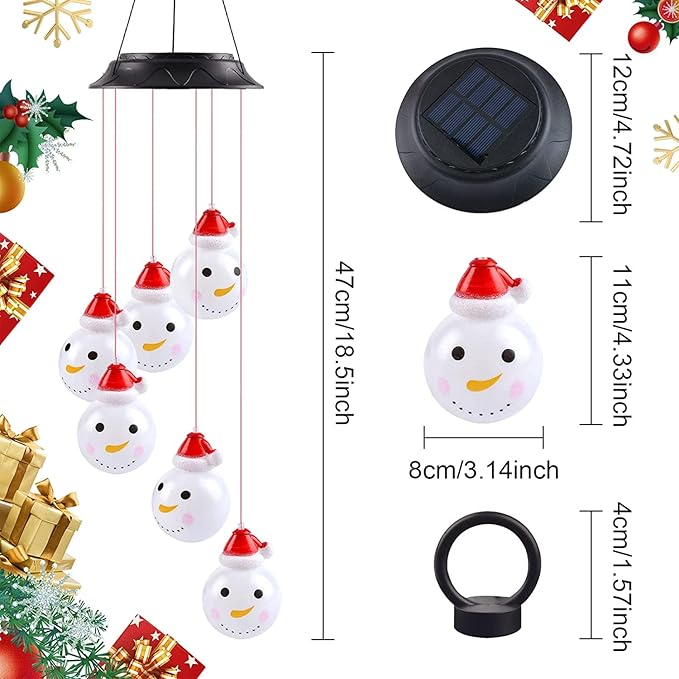 Solar Christmas Wind Chimes, Snowman Hanging Outdoor Decorations, Solar Christmas Decorations for Home Garden Yard