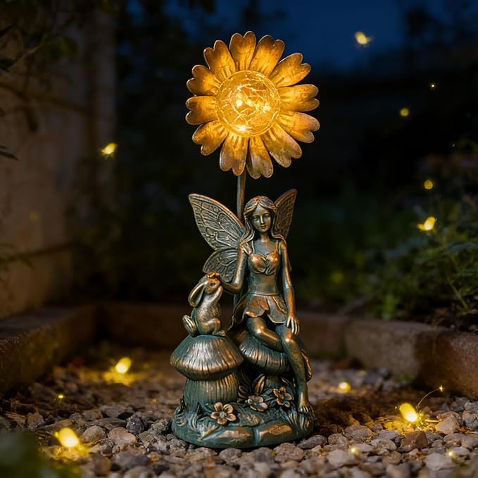 Garden Solar Fairy Statue - Mushroom Seat, Touching Rabbit, Iron Flower Glass Ball, Whimsical Outdoor Ornament