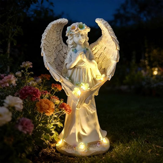 VEEKI Solar Angel Garden Statue Outdoor, Praying Angel Statues Solar Figurine Lights Outdoor Waterproof, Resin Angel Sculpture for Garden Yard Lawn Grave Cemetery Decor, Gift for Mom Grandma Women