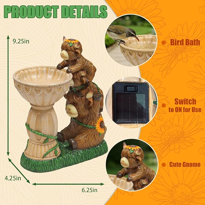 Solar Garden Statues Highland Cow Garden Decor Resin Highland Cow Statue with Bird Bath Feeder Light Animal Figurine Outdoor Yard Patio Lawn Decoration Gardening Gifts for Women 9.5 in